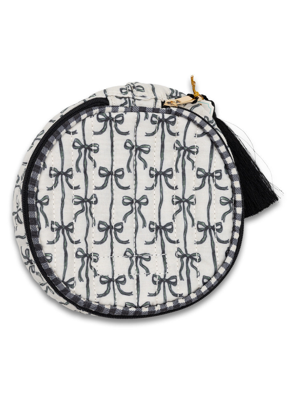 Quilted Round Tassel Bag, Black Bow