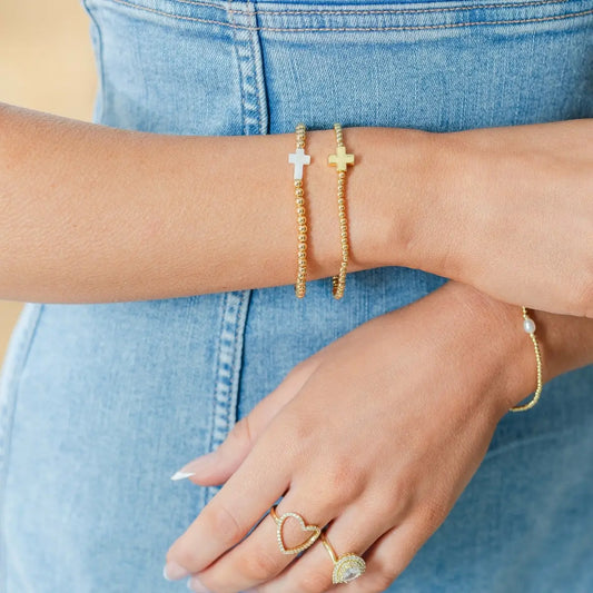 Gold Beaded Stretch Bracelet with Cross
