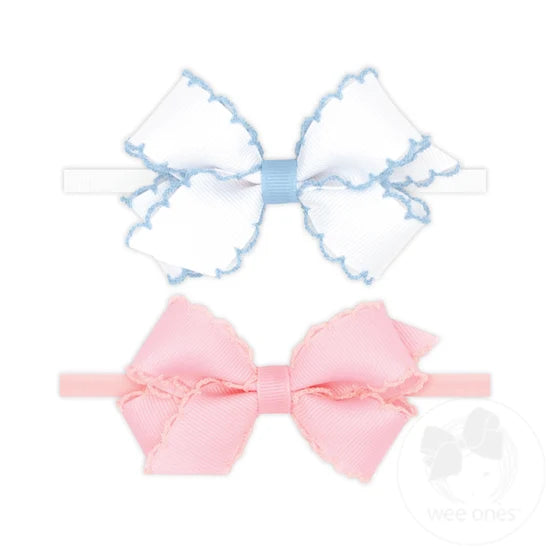 2 Mini Grosgrain Bows w/ Moonstitch Edge on Skinny Band, Blue & Pink
