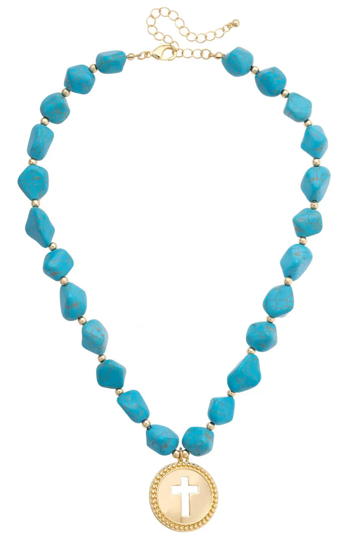 Roswell Cross Coin Necklace, Turquoise