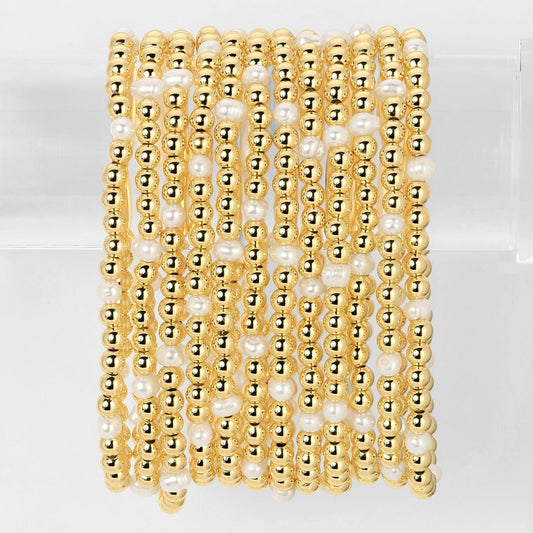 Gold Bead Stretch Bracelet with Pearl Accents