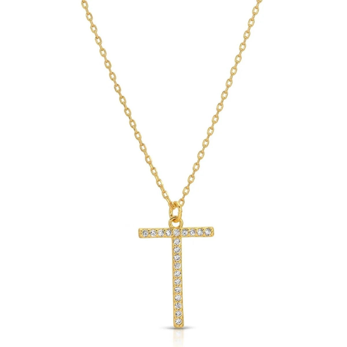 Large Gold Pave Initial Necklace, T