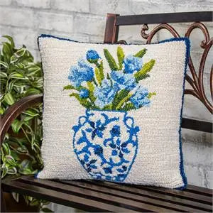 Chinoiserie Bloom Blue Floral Hooked Pillow