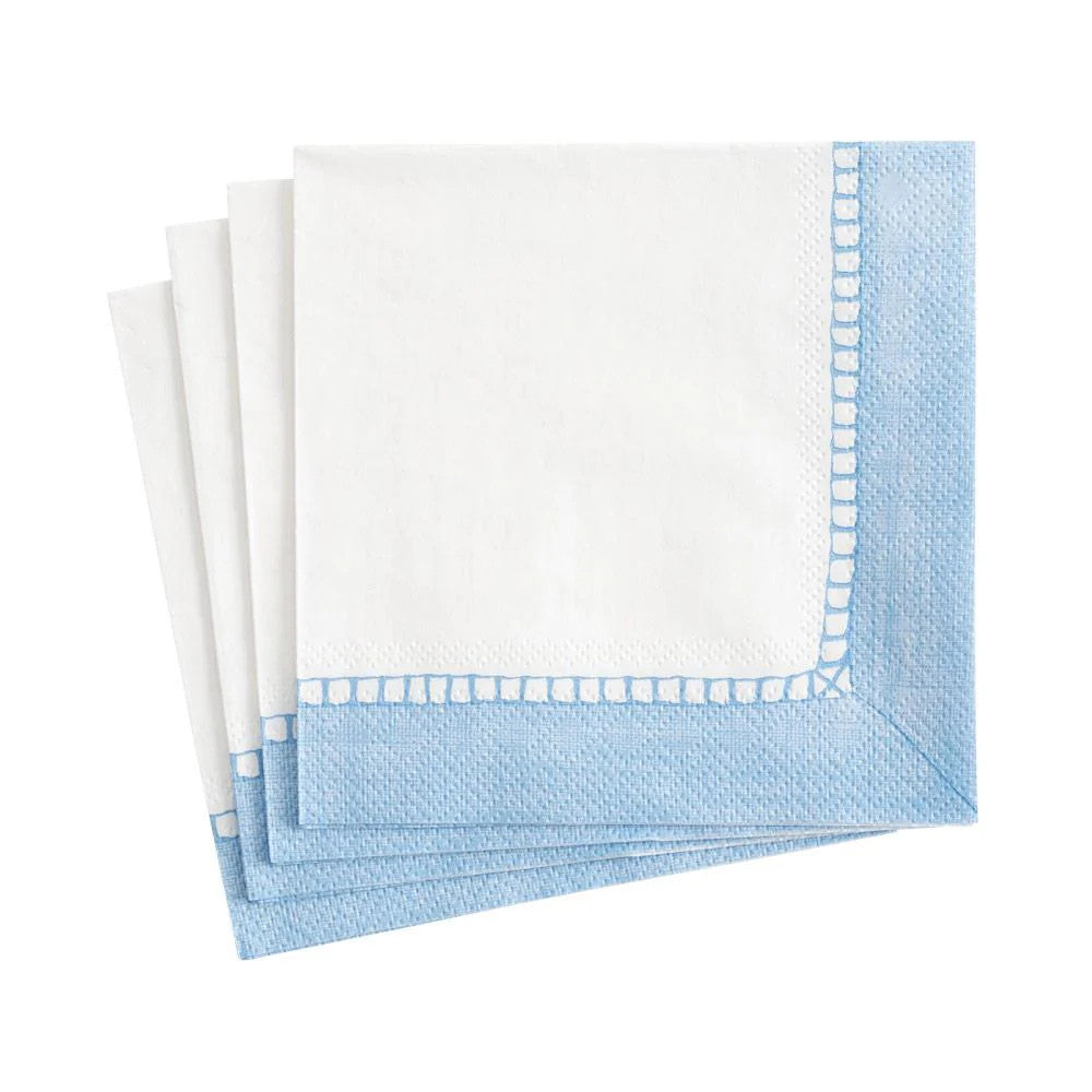 Paper Cocktail Napkins, Linen Border Lt Blue