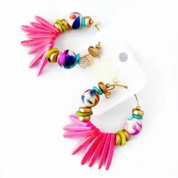 Beaded Spike Earring - Pink Abstract