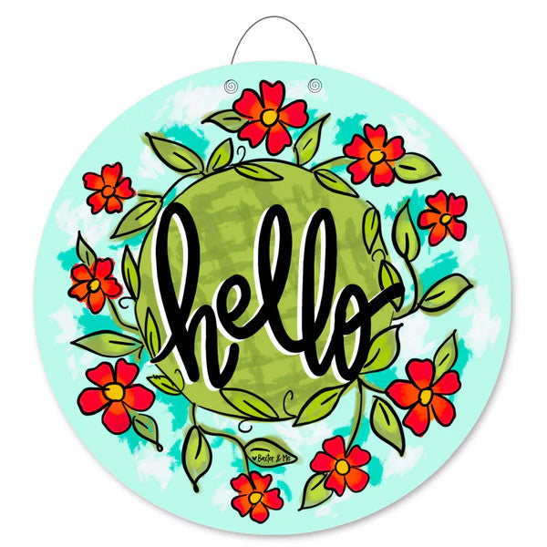 Door Hanger, Hello Red Floral Wreath