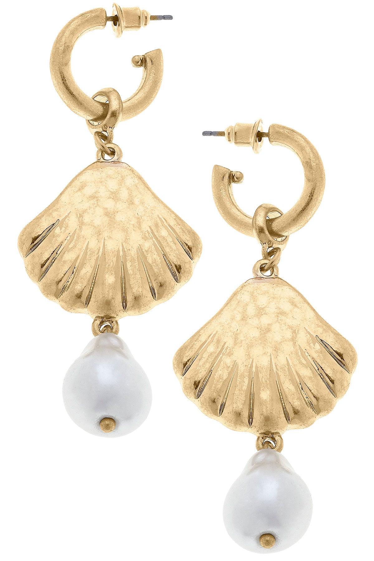 Scallop Shell and Pearl Drop Hoop Earring