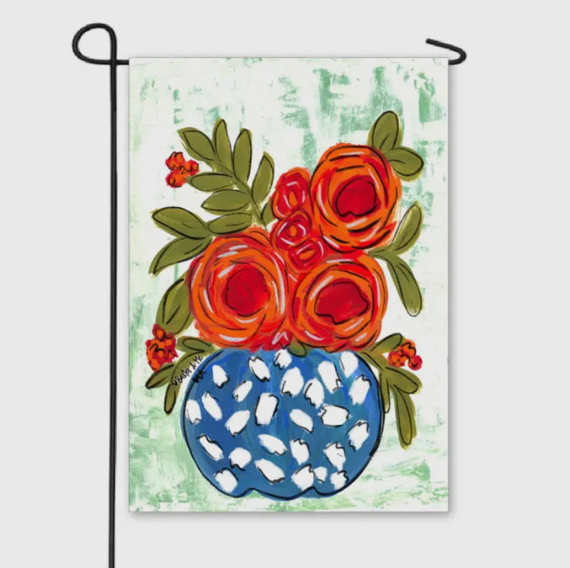 Garden Flag, Orange Flowers in Blue Planter