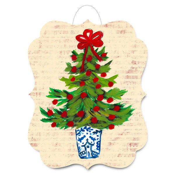 Door Hanger, Blue Willow Red Ribbon Tree