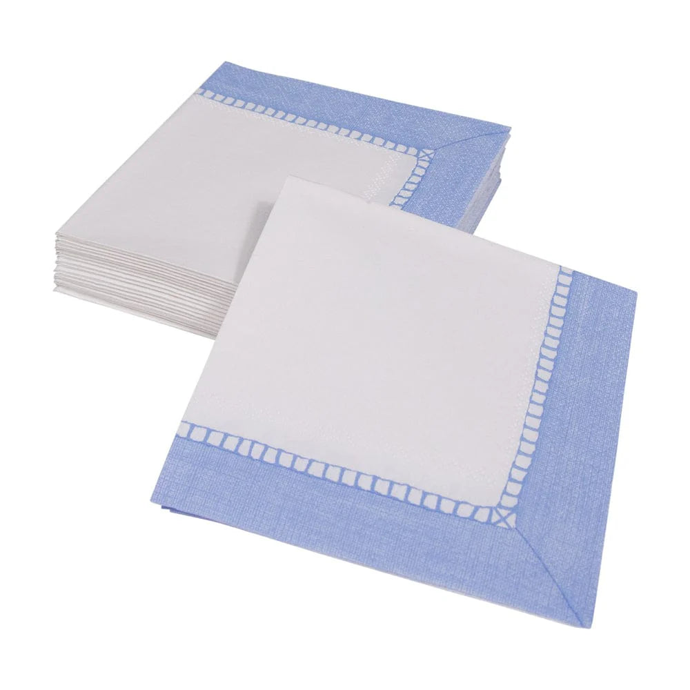 Paper Cocktail Napkins, Linen Border Light Blue