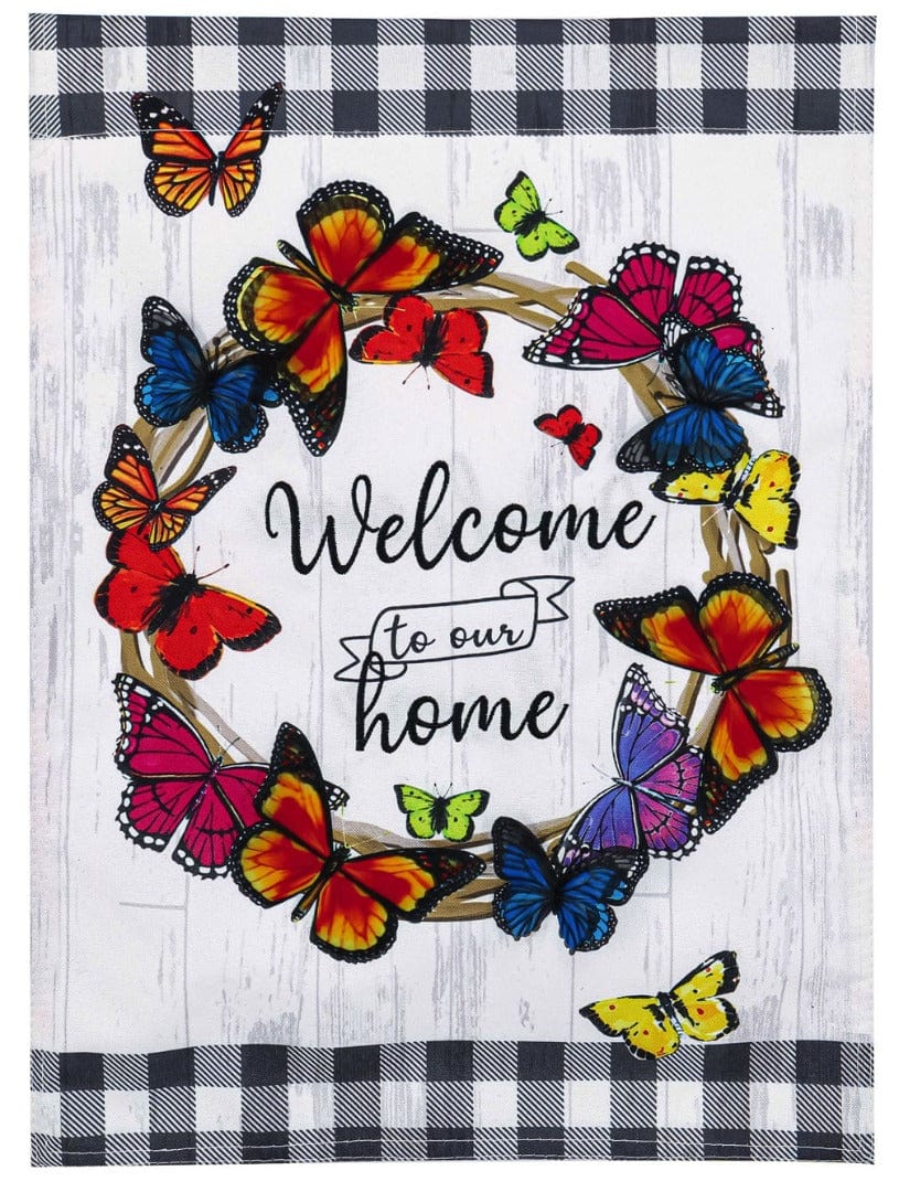 Butterfly Welcome Wreath Garden Linen Flag