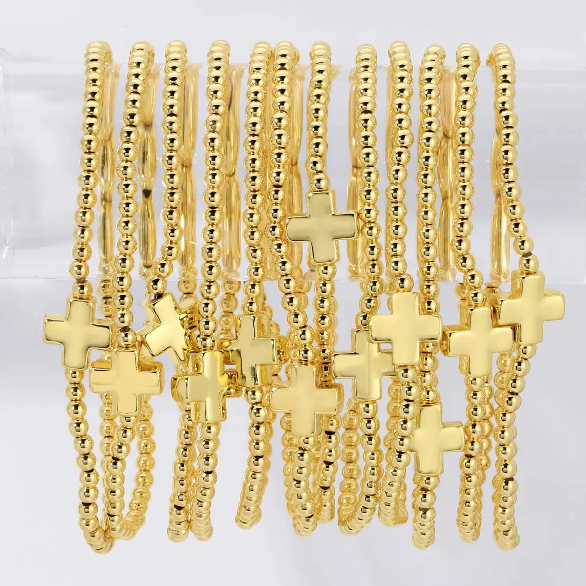 Gold Beaded Stretch Bracelet with Cross