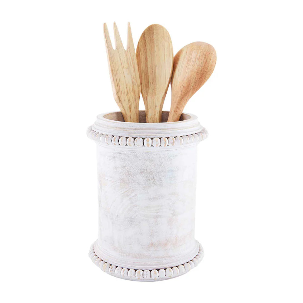 White Bead Wood Utensil Holder