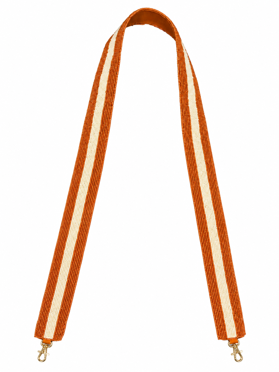 An orange and cream striped beaded shoulder strap with gold-tone metal lobster clasps at both ends, displayed on a solid white background. University of Tennessee, Volunteers, Vols, Football, Stadium Bags.