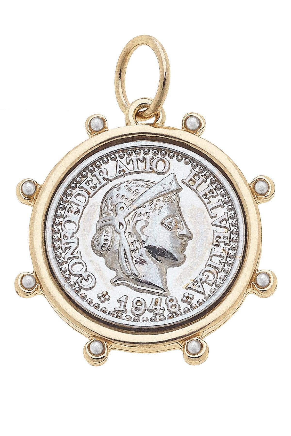 Pearl Studded Coin Charm in Shiny Two Tone