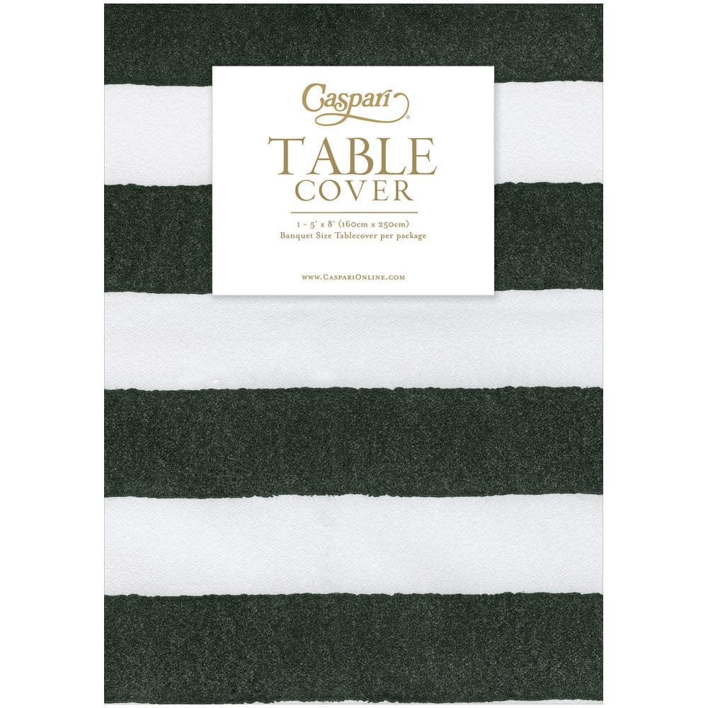 Striped black and white table cover with a Caspari label on a white background