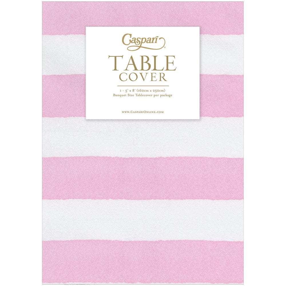 Pink and white striped table cover with Caspari branding on a white background