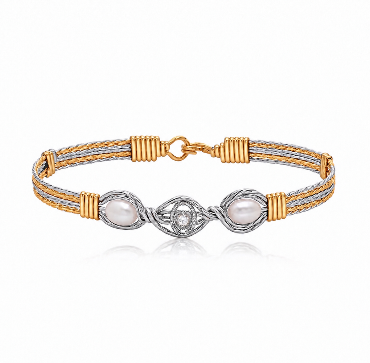 14k Gold-filled wire and Sterling Silver handcrafted bracelet with pearls and diamond style stone.