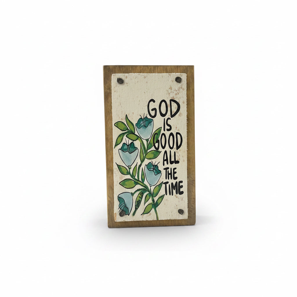 Blue Floral God is Good Driftwood Happy Block