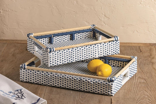 Rattan Plastic Blue White Tray Set