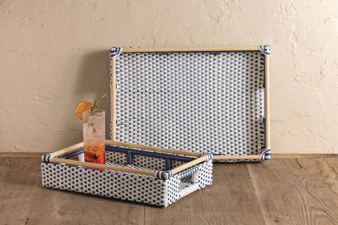 Rattan Plastic Blue White Tray Set
