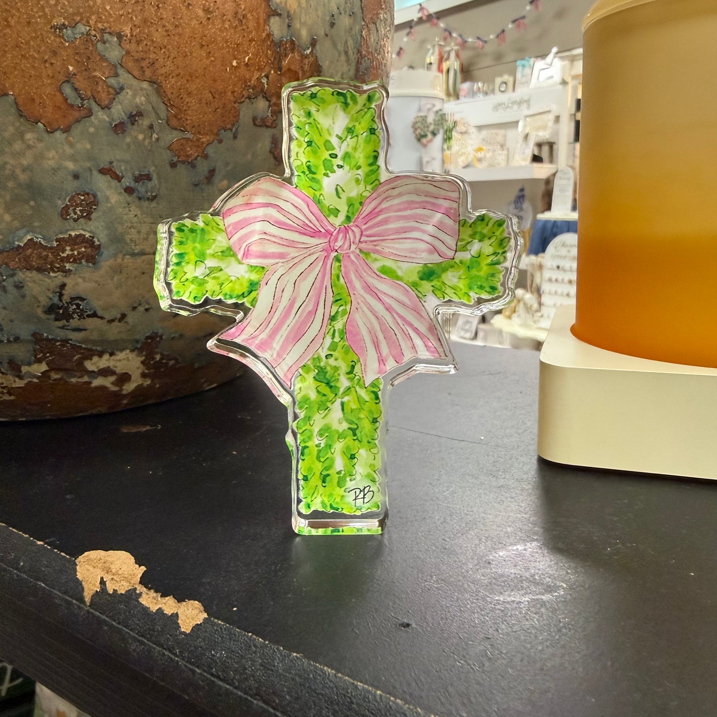 Small Acrylic Greenery Cross - Pink Bow