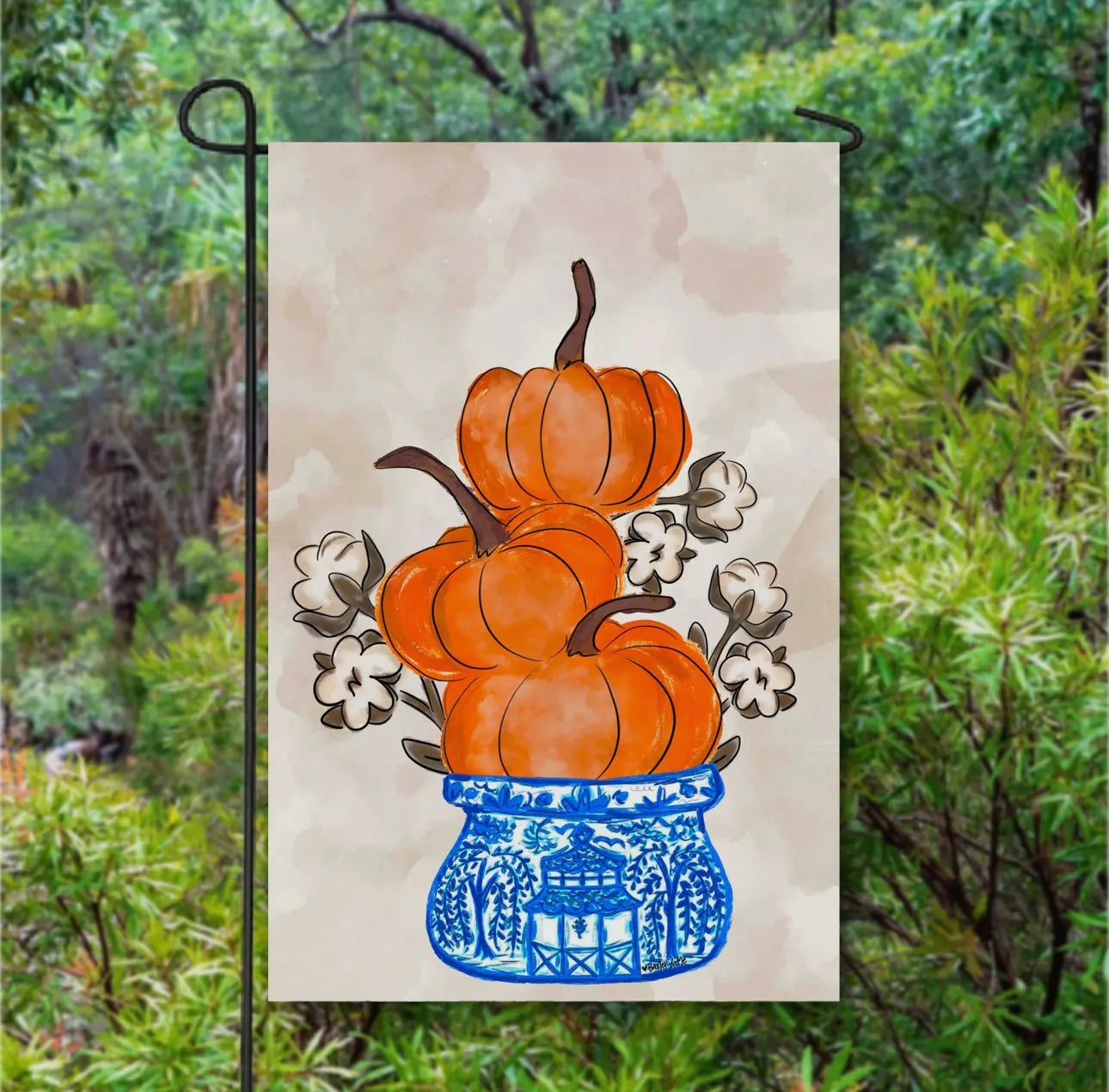 Garden Flag, Cotton Pickin Pumpkin Chinoiserie Stack