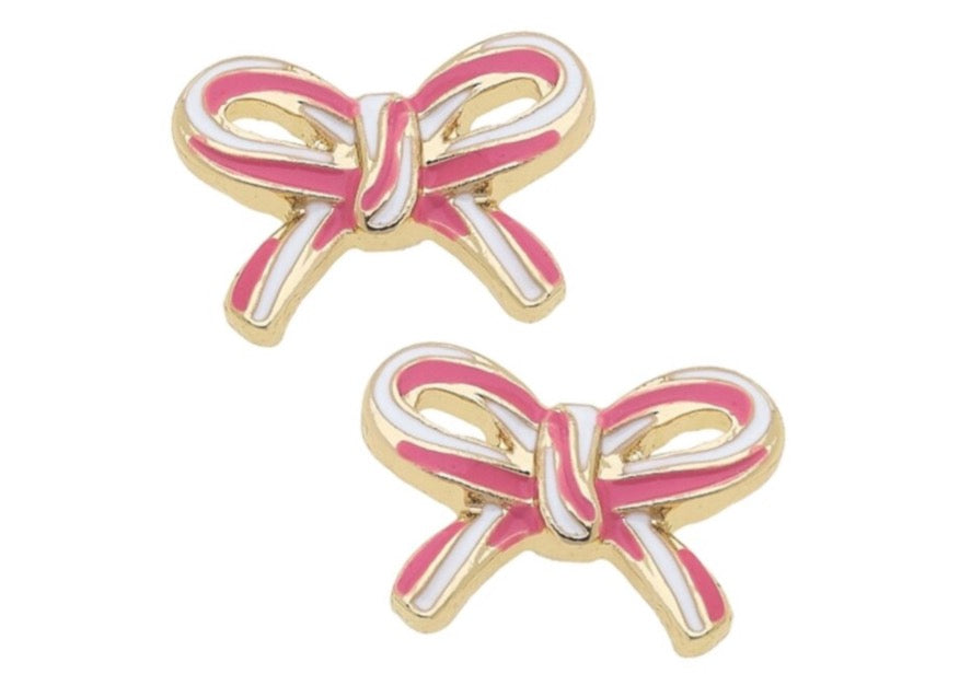 Striped Bow Stud Earrings in Pink & White