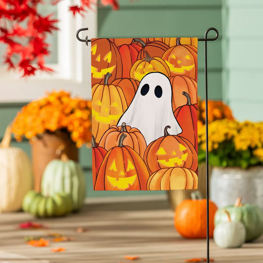 Pumpkin Patch Ghost Burlap Flag Garden