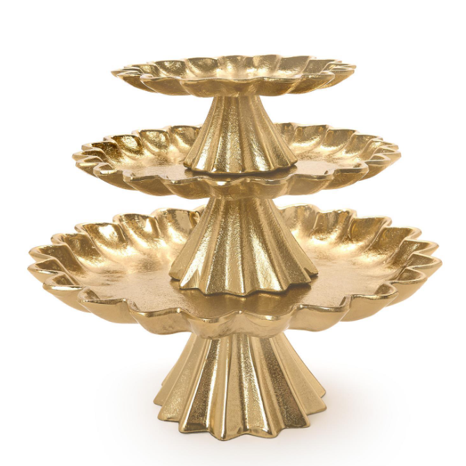 A three-tiered gold pedestal stand with scalloped flower-shaped trays, shown on a clean white background.