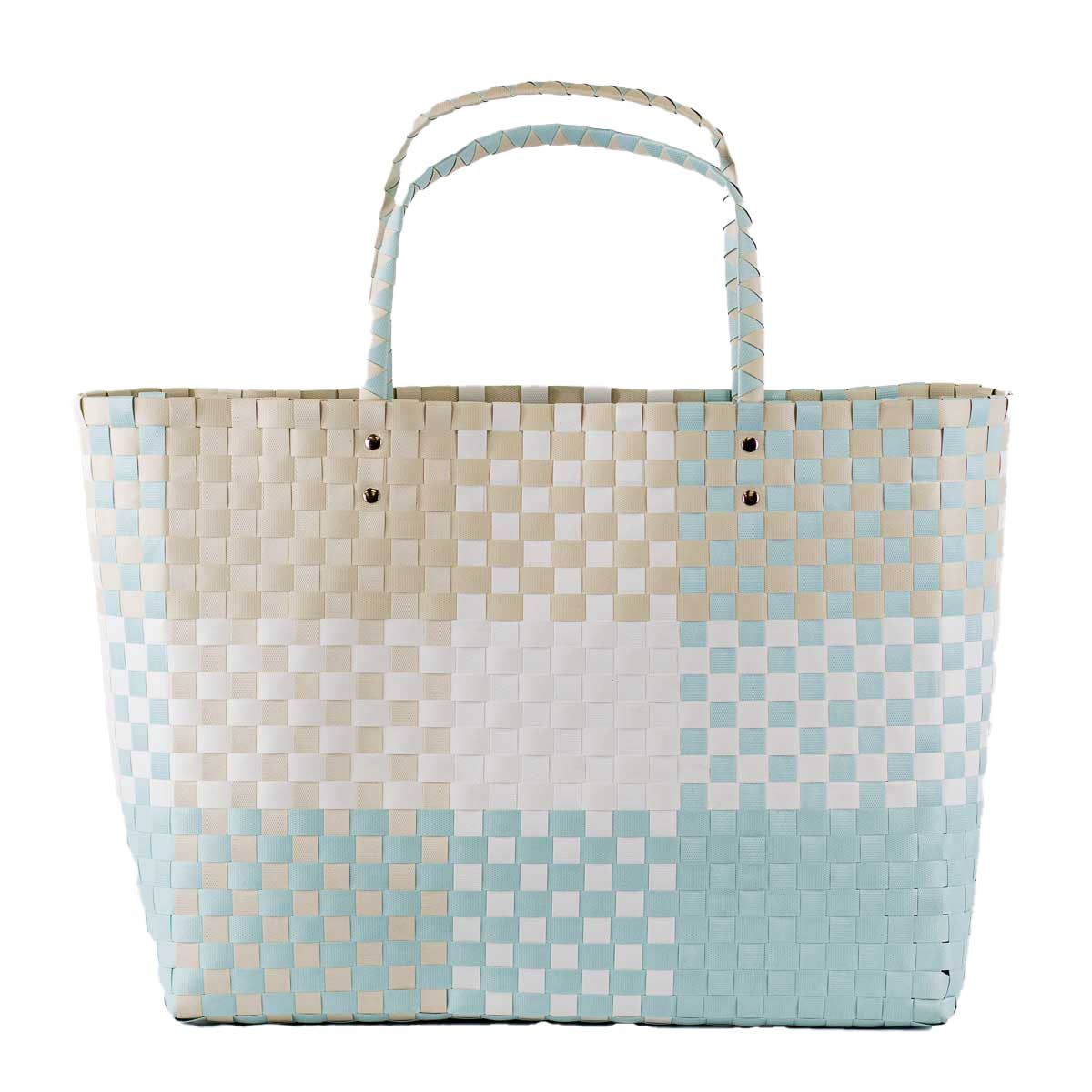 Sky blue, white, and neutral woven travel tote with checkerboard design and double handles
