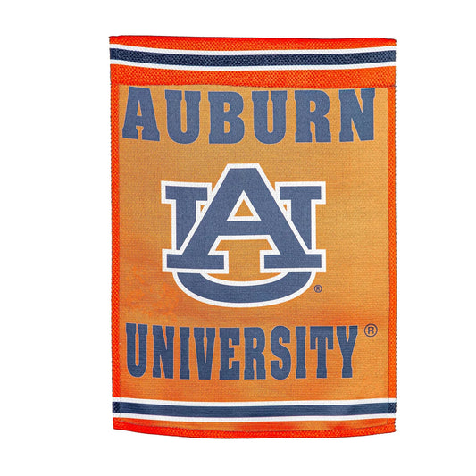 An Auburn University flag featuring the classic orange background with navy blue and white text and logo details.