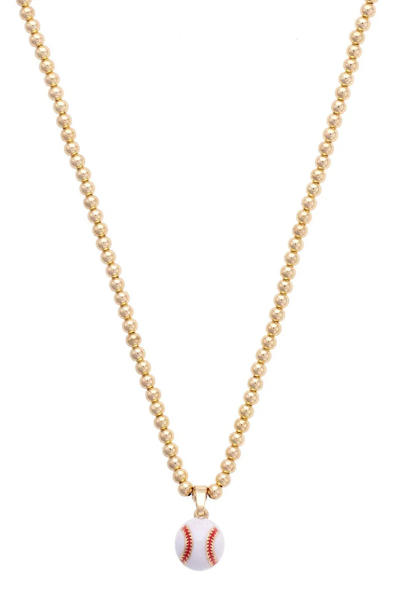 Baseball Enamel Ball Bead Necklace in Shiny Gold