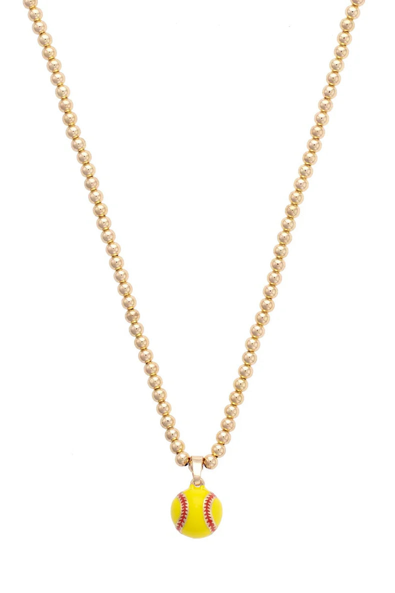 Softball Enamel Ball Bead Necklace in Shiny Gold