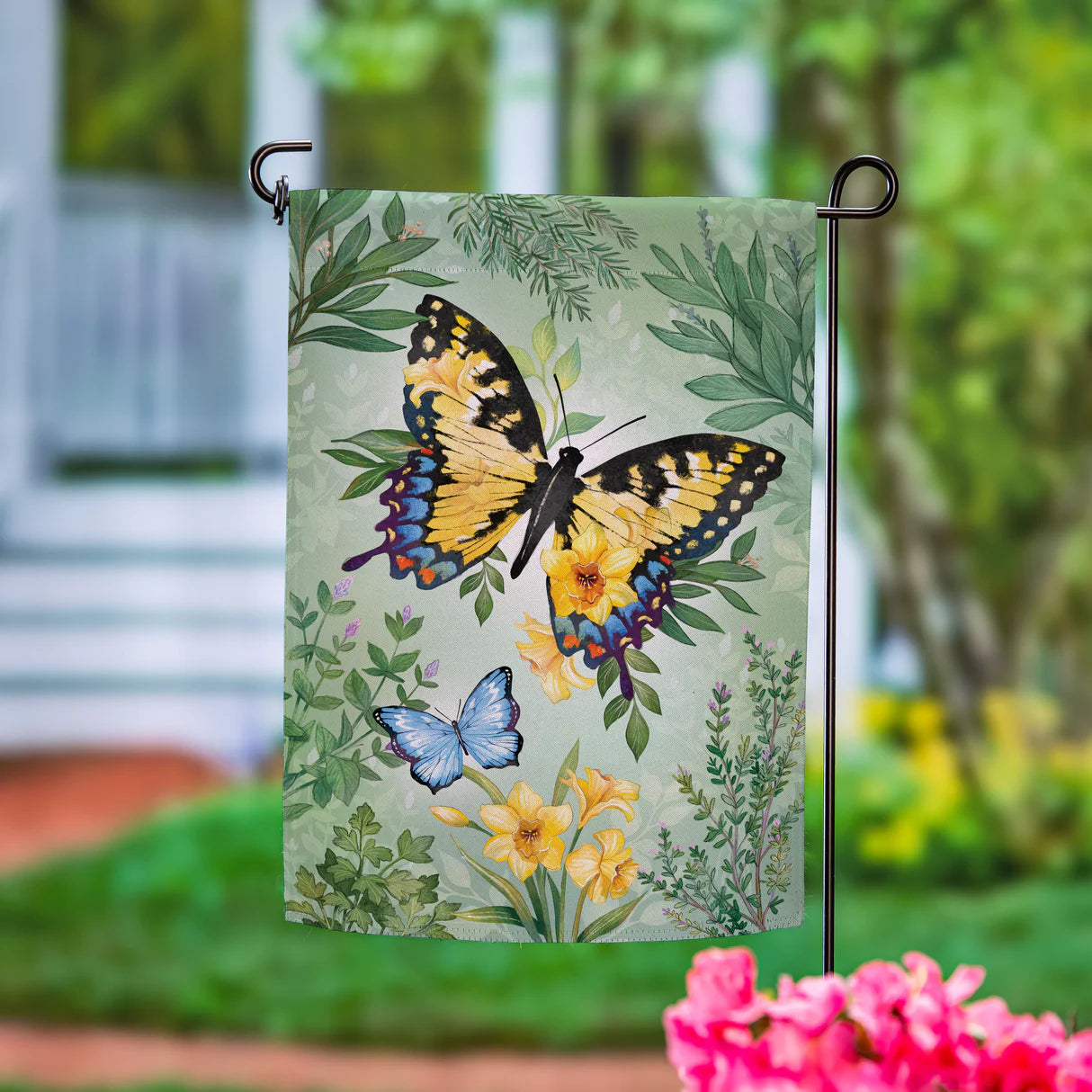 Pollinator Garden Green & Yellow Florals Monarch Butterfly Suede House Flag