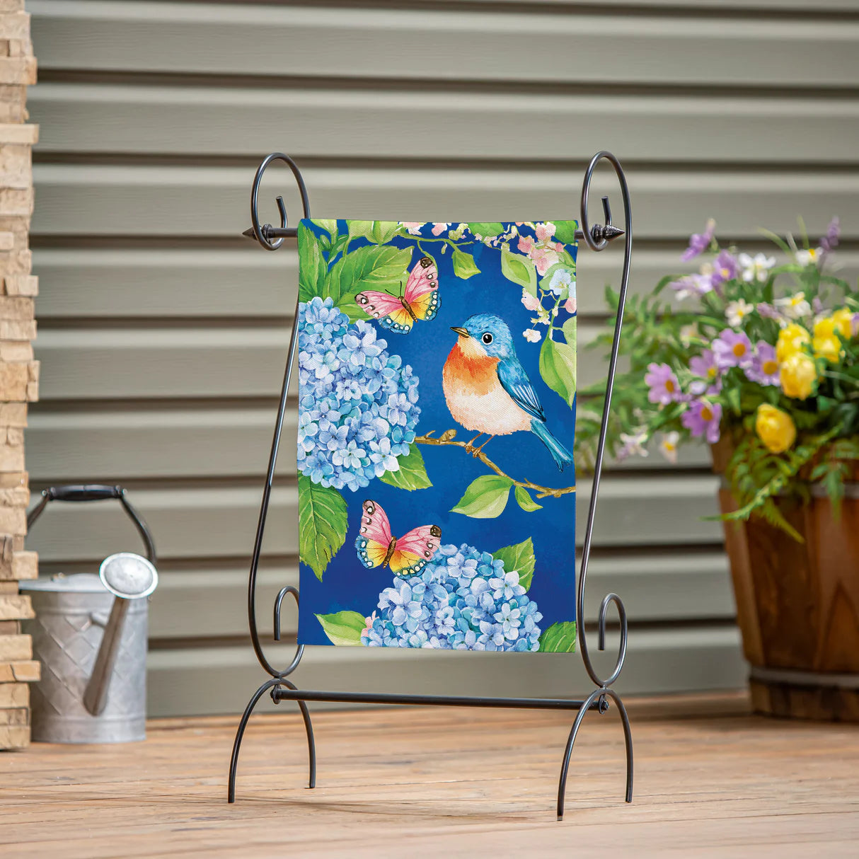 Bluebird and Hydrangea Burlap Garden Flag