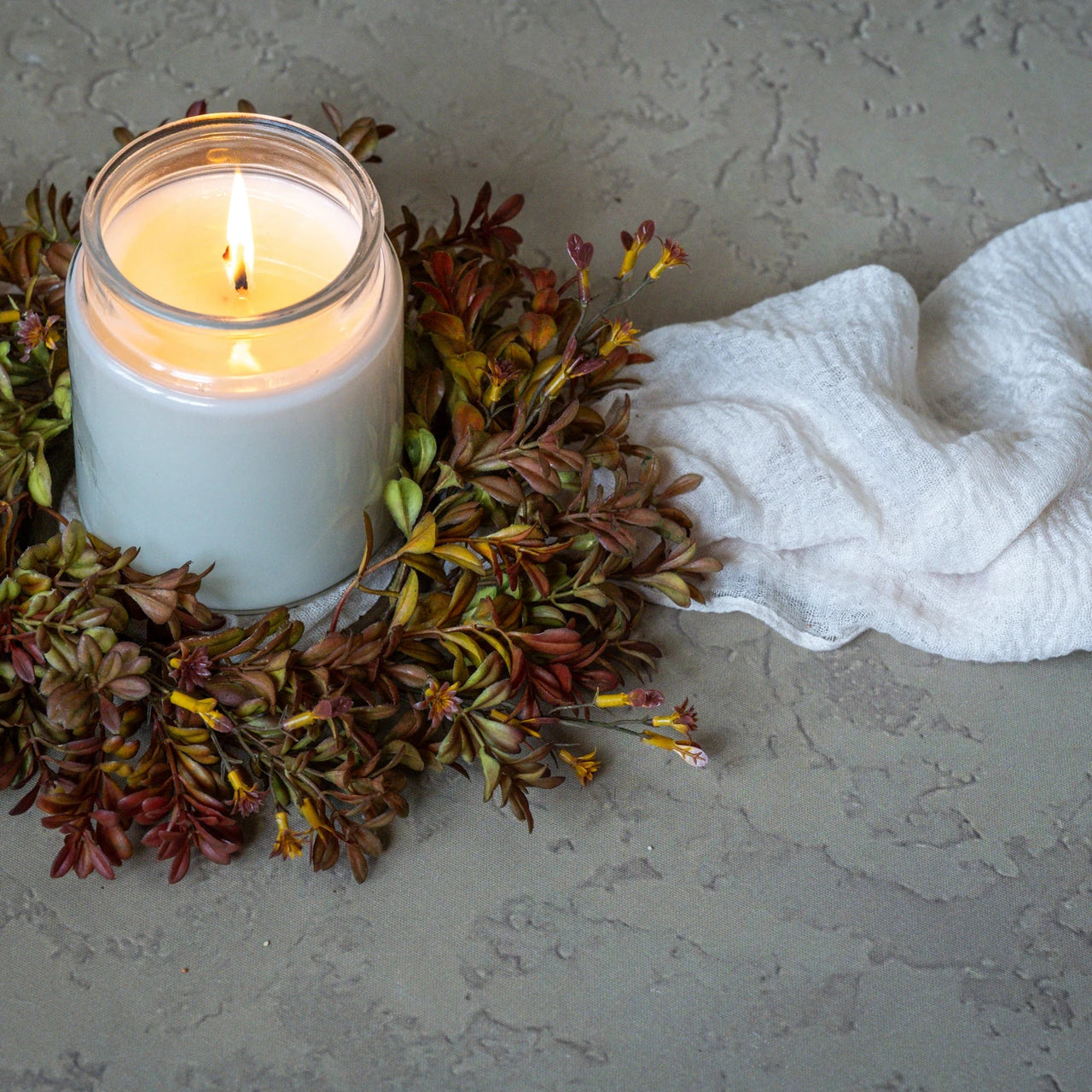 11” Autumn Boxwood & Ragwort Candle Ring