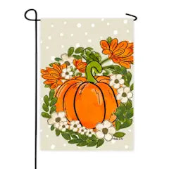 Garden Flag, Cream Polka Dot Pumpkin w/ White Flowers
