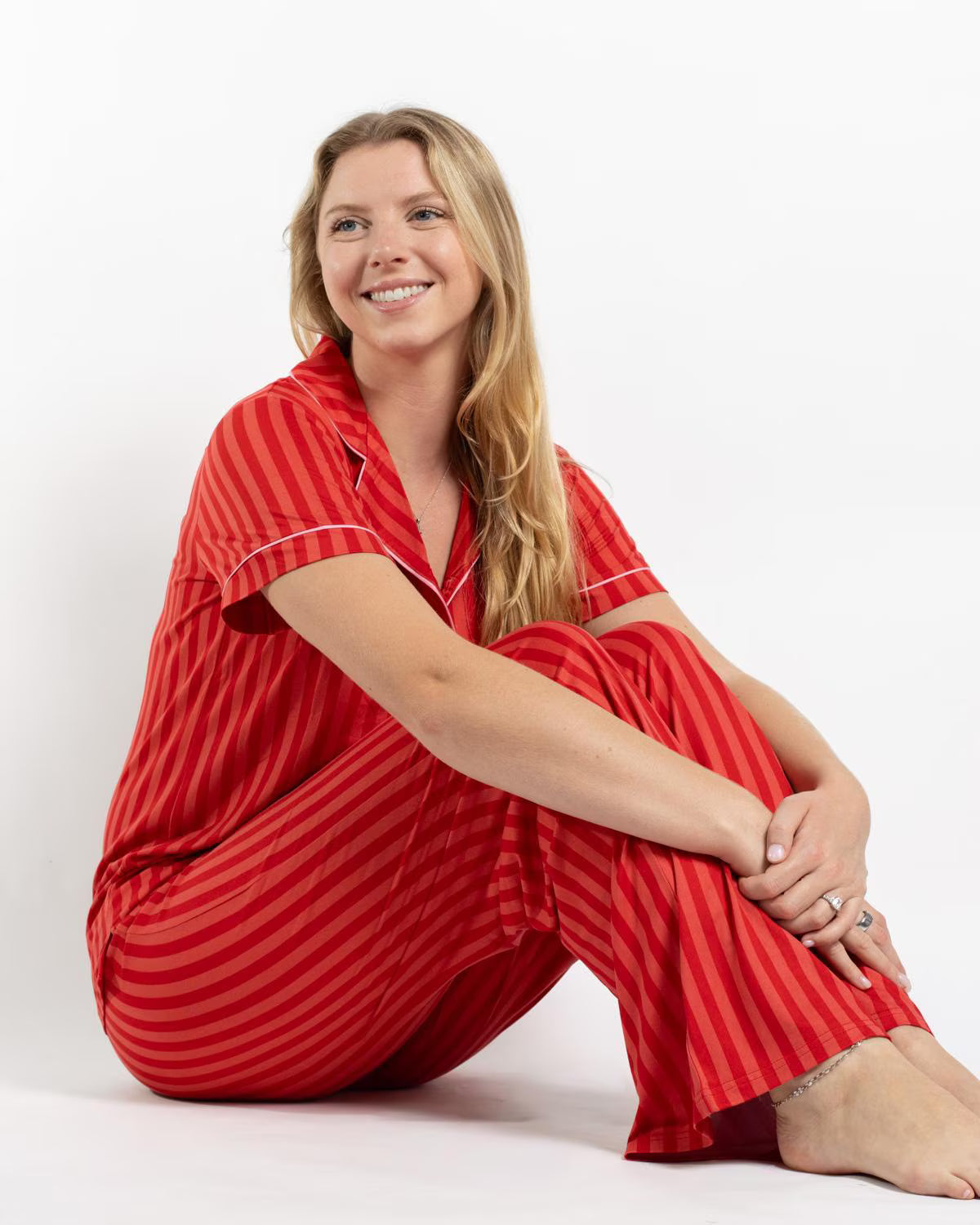 Carissa Stripe PJs Short Sleeve Button Top w/ Pants Red/Pink