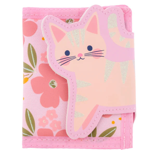Pink wallet with cat design on a white background. Kids Wallet Pink Cat