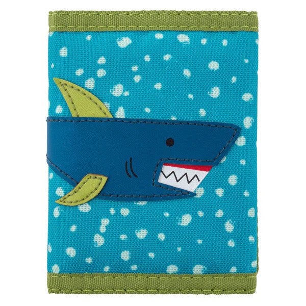 children's wallet with shark design on blue background and green accent
