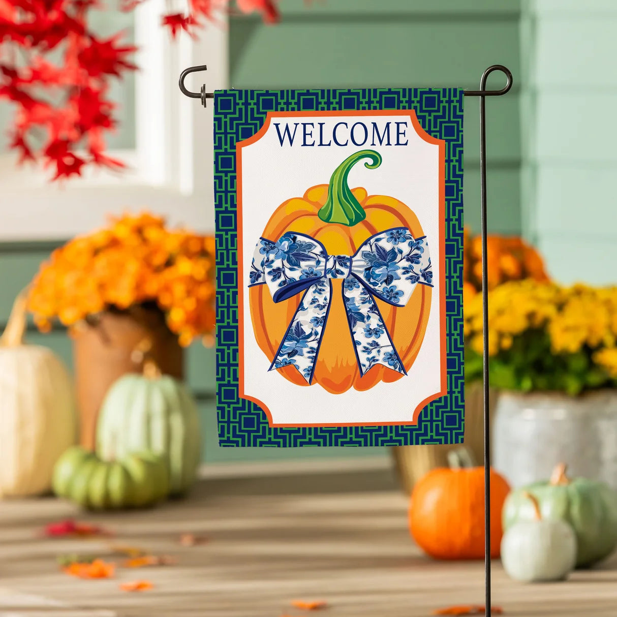 Pumpkin With Chinoiserie Bow Burlap Garden Flag