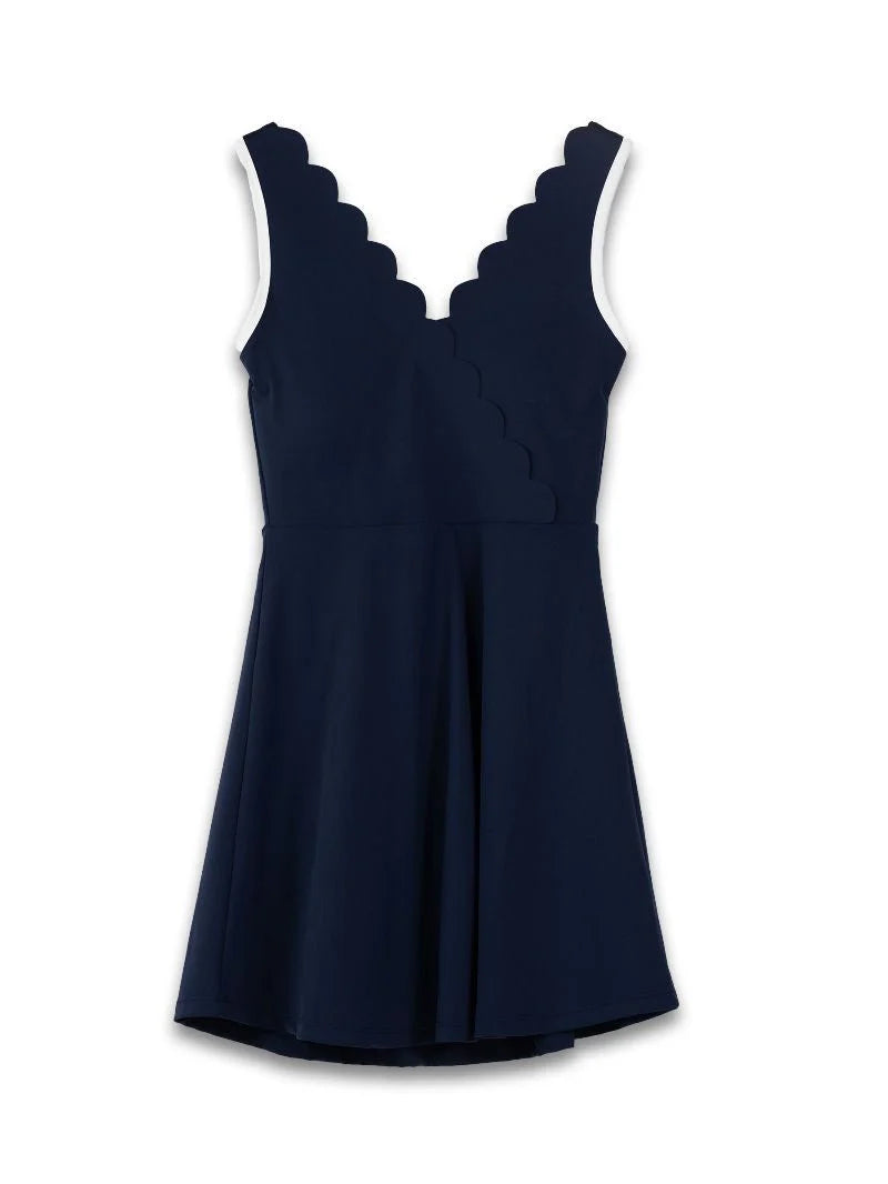 Navy blue dress with scalloped neckline on a white background