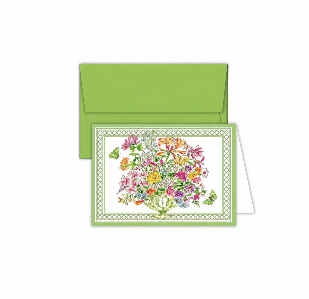 A floral greeting card with a colorful bouquet illustration and decorative border, shown in front of a solid green envelope on a white background. Roseanne Beck.