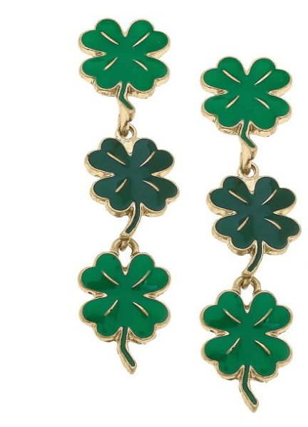 St Patricks Day Triple Drop Enamel Shamrock Earrings in Green