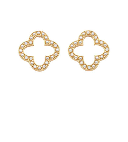 Pearl & Gold Clover Frame Earrings