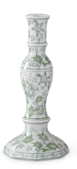 14.75 in Green & White Floral Ceramic Taper Candleholder