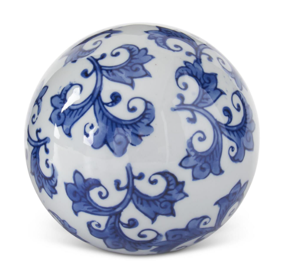 4 Inch Blue & White Ceramic Flourish Chinoiserie Ball