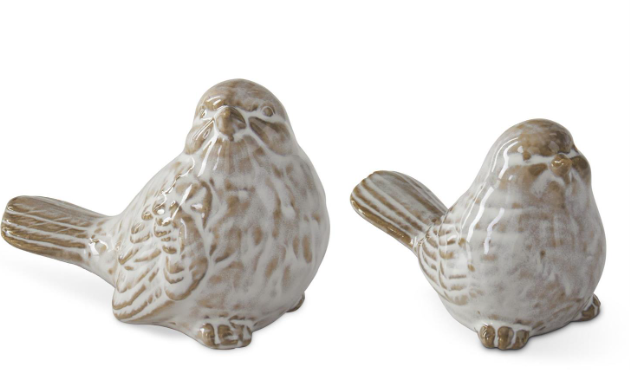 3 Inch Cream & Taupe Glazed Ceramic Birds, Assorted