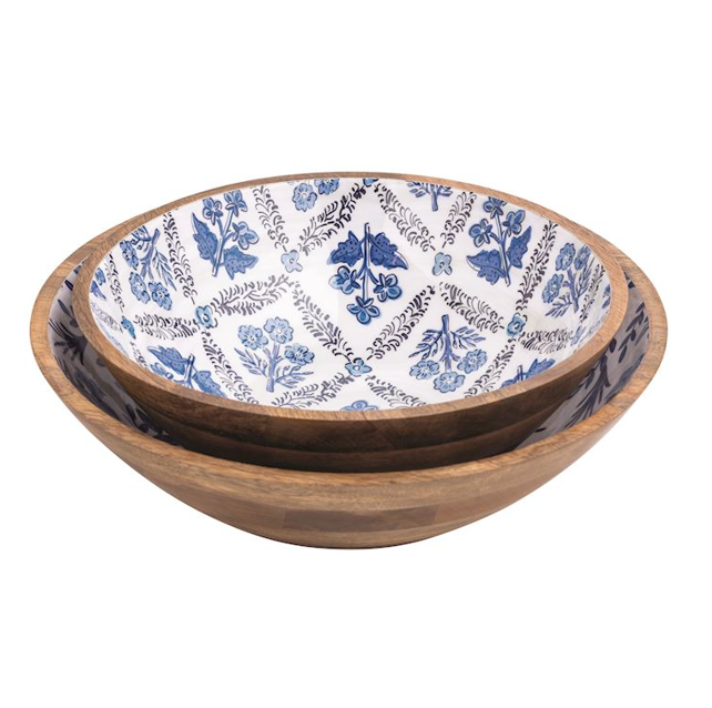 Large Blue Floral Wood Enamel Bowl